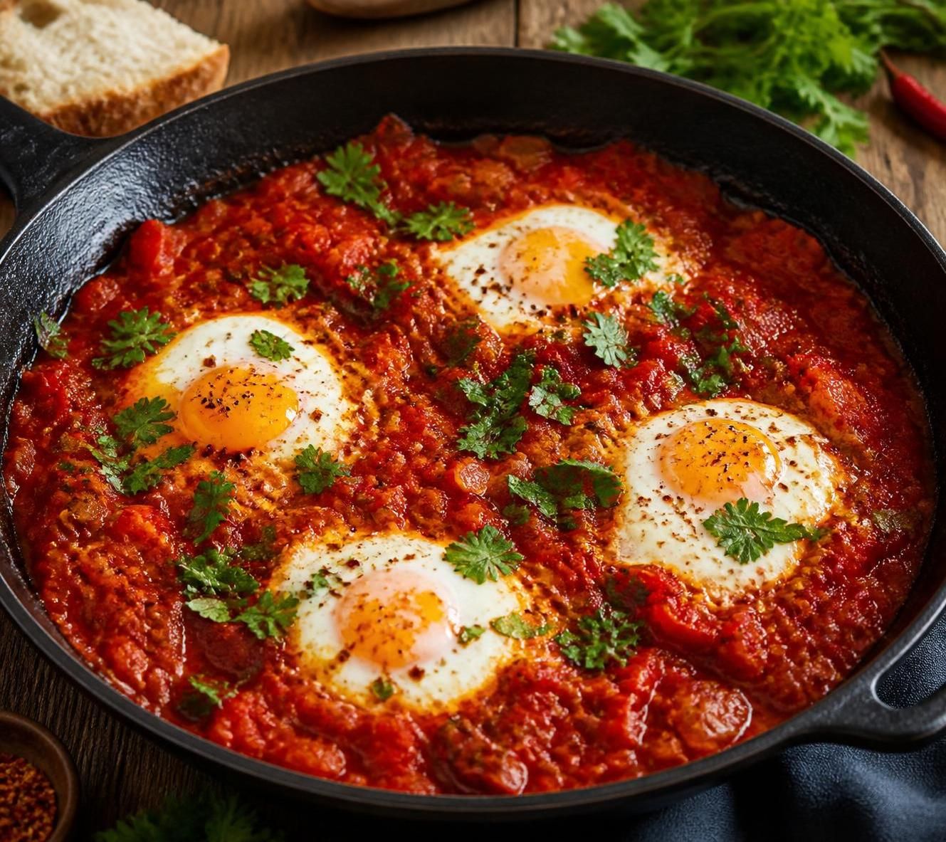 découvrez la recette traditionnelle de la shakshuka, un plat oriental aux œufs mijotés dans une sauce tomate épicée, pour un voyage savoureux et authentique de vos papilles.